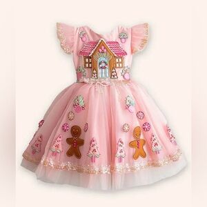 Gingerbread house tulle dress christmas holidays toddler girl embroidered blush